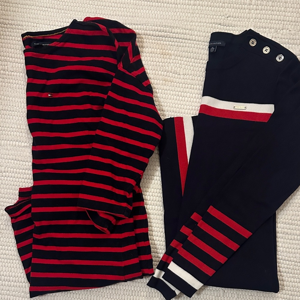 Tommy Hilfiger Navy Long-Sleeve Knit Dress with Red & White Stripe Accents